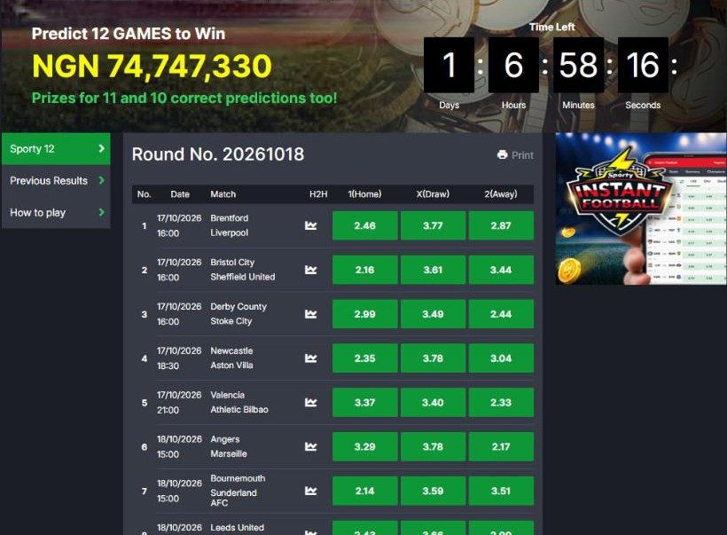 How to Win Jackpot in SportyBet: Sporty 12 Rules and Prizes 2 SportyBet Sporty 12 jackpot page showing NGN 74,747,330 for round 20261018, 16 October 2026