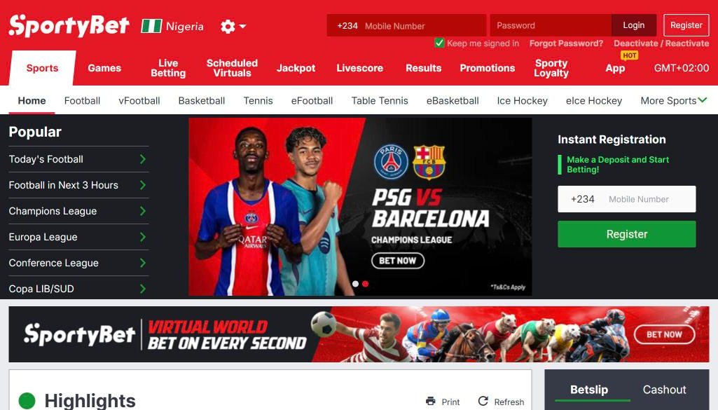 Bono de registro de SportyBet en Nigeria: qué obtienen los nuevos usuarios (octubre de 2026) 4 Página de inicio de apuestas deportivas de SportyBet Nigeria con competiciones de fútbol populares